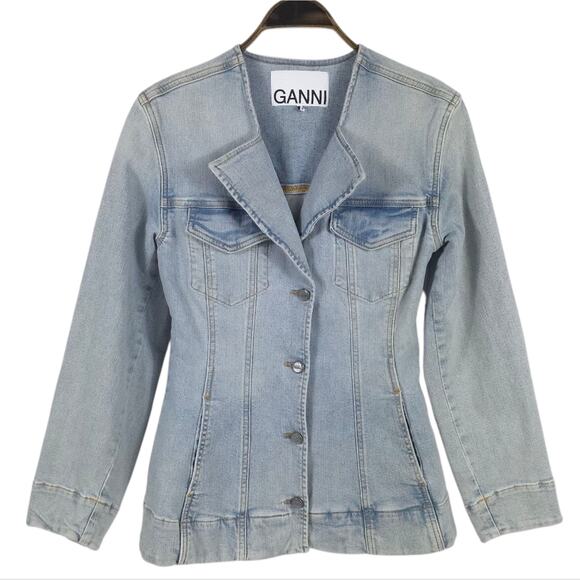 GANNI Fitted Denim Blazer Single Breasted Light Wash - Picture 3 of 12